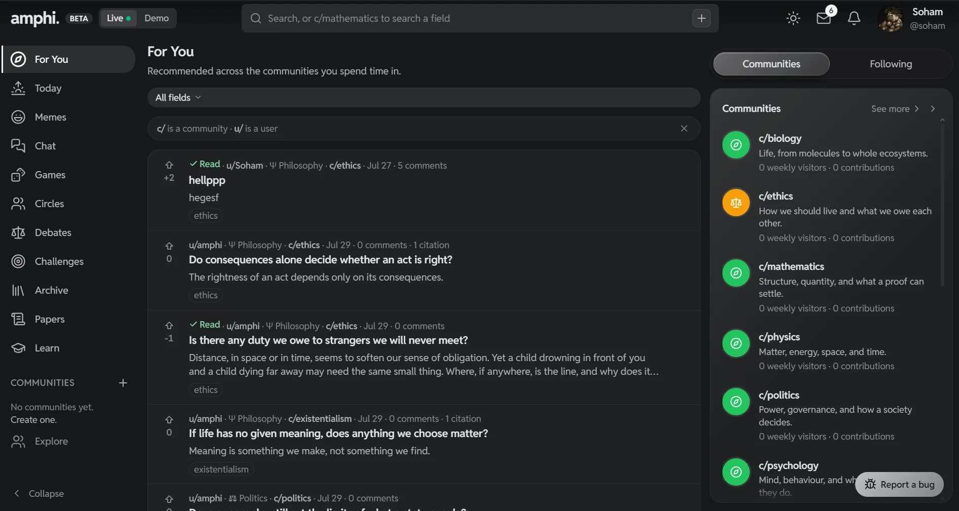 The amphi For You page: rooms on the left, a feed of claims in the middle, communities on the right